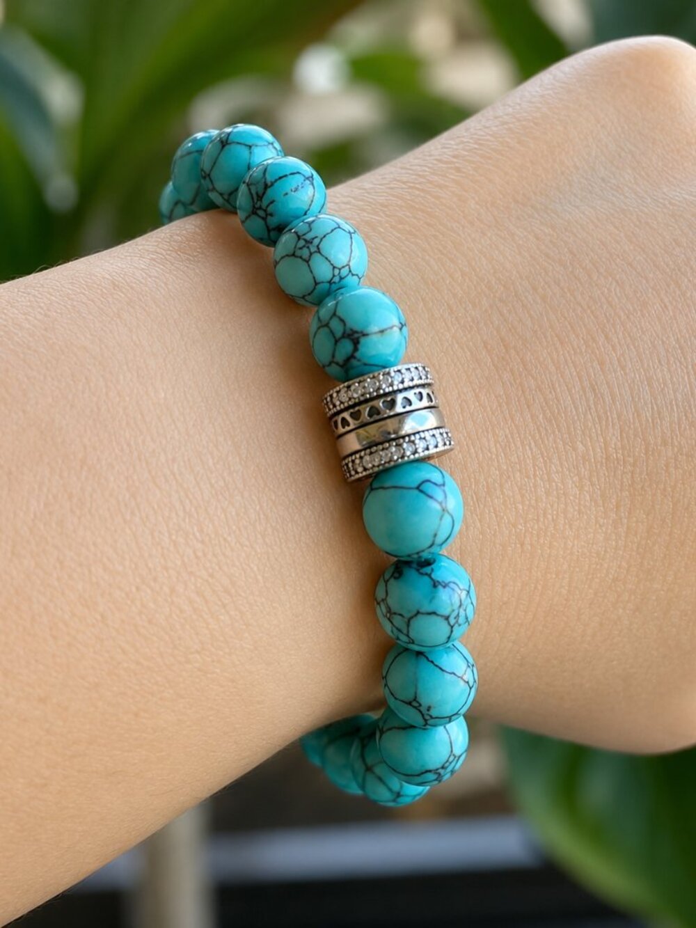 Turquoise Beaded Bracelet | S925 Sterling Silver Barrel Charm | Stretch